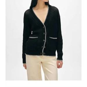 NEW WHITE + WARREN organic cotton blanket trim cardigan in navy/ivory